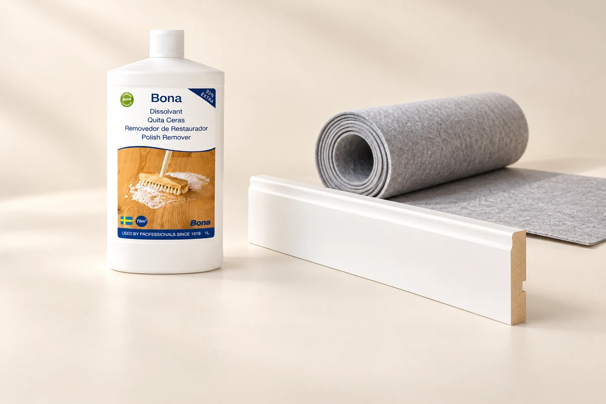 Complementos de limpieza e instalación: Bona, rodapié blanco y base aislante