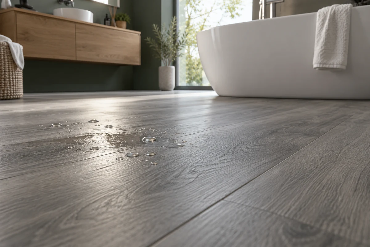 Baño con suelo de aspecto madera gris y gotas de agua
